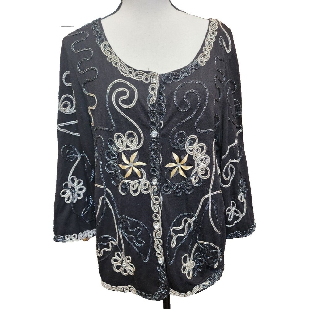 Lauren Michelle Embellished Sweater Size Large Black Button Front